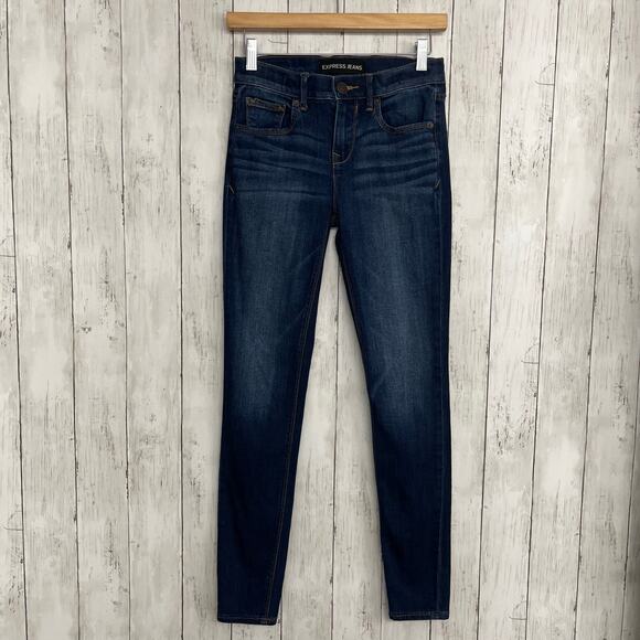 Express Mid Rise Dark Wash Basic Legging Skinny Boot Jeans 00 - Picture 1 of 9